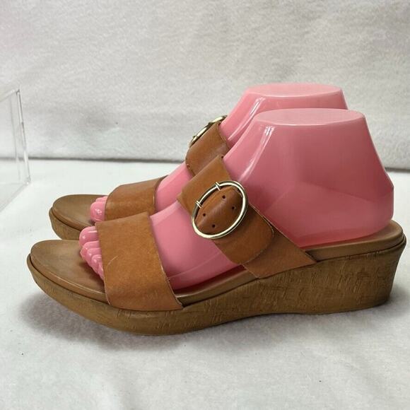 Mariella Wedge Slide Sandals Womens 8 Tan Leather Open Toe Buckle Made In Italy - Picture 3 of 12